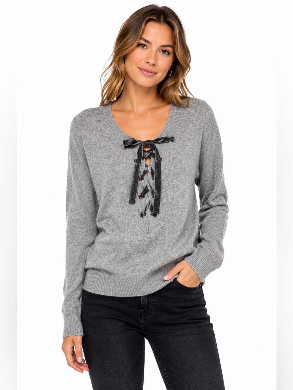 Rails Olivia Women's S Gray Wool Cashmere Lace Up Sweater Velvet Tie
